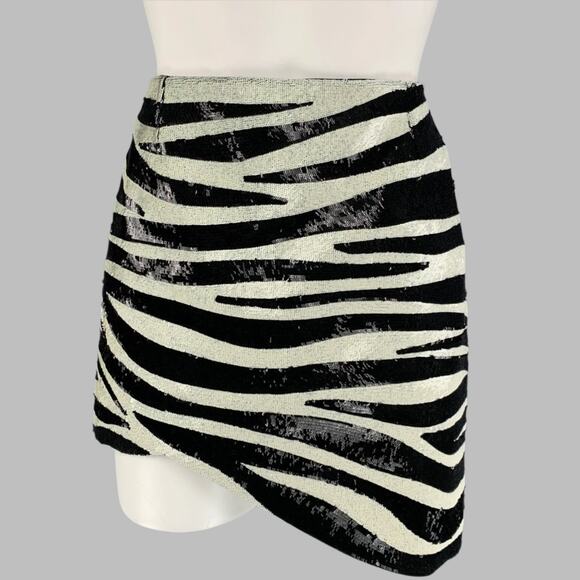 2 Black Cream Zebra Print Stripe Acetate Viscose Sequined Mini Skirt - Picture 1 of 1
